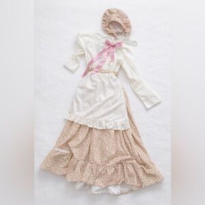 Floral Prairie Maxi Dress with White Apron and Pink Ribbon